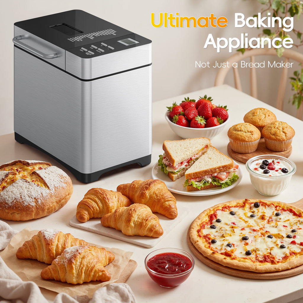 Patiosunny 19-in-1 Bread Maker Machine with Reservation Function, 2LB Stainless Steel Automatic Bread Maker with Recipes & 1 H Keep Warm-Silver