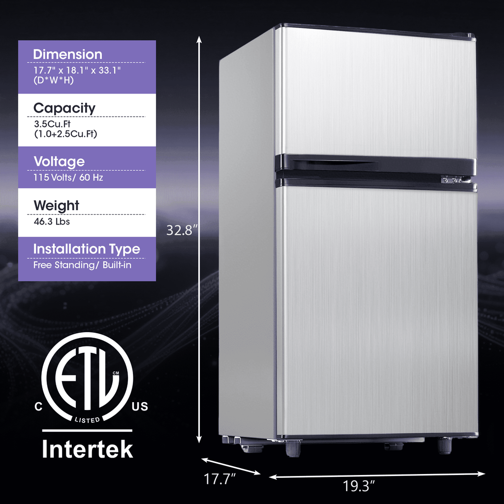 Patiosunny 3.5 Cu.ft Mini Fridge with Freezer, Adjustable Thermostat, Low Noise, Removable Glass Shelves, 2 Door Small Refrigerator for Kitchen, Office, Bedroom,Silver