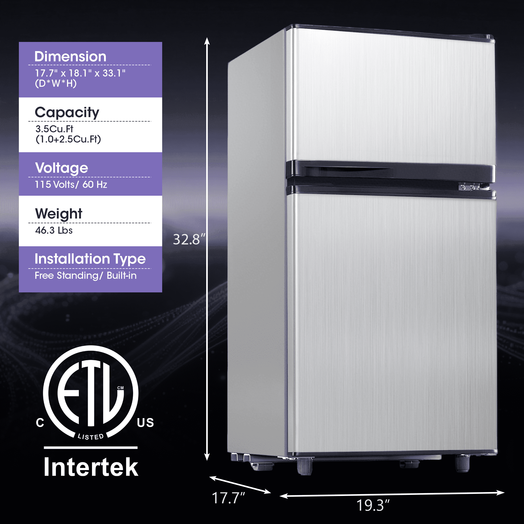 Patiosunny 3.5 Cu.ft Mini Fridge with Freezer, Adjustable Thermostat, Low Noise, Removable Glass Shelves, 2 Door Small Refrigerator for Kitchen, Office, Bedroom,Silver