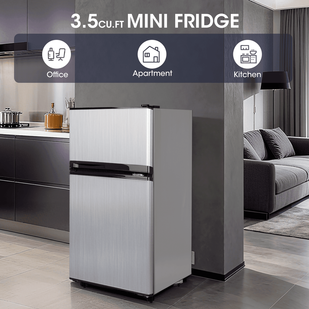 Patiosunny 3.5 Cu.ft Mini Fridge with Freezer, Adjustable Thermostat, Low Noise, Removable Glass Shelves, 2 Door Small Refrigerator for Kitchen, Office, Bedroom,Silver