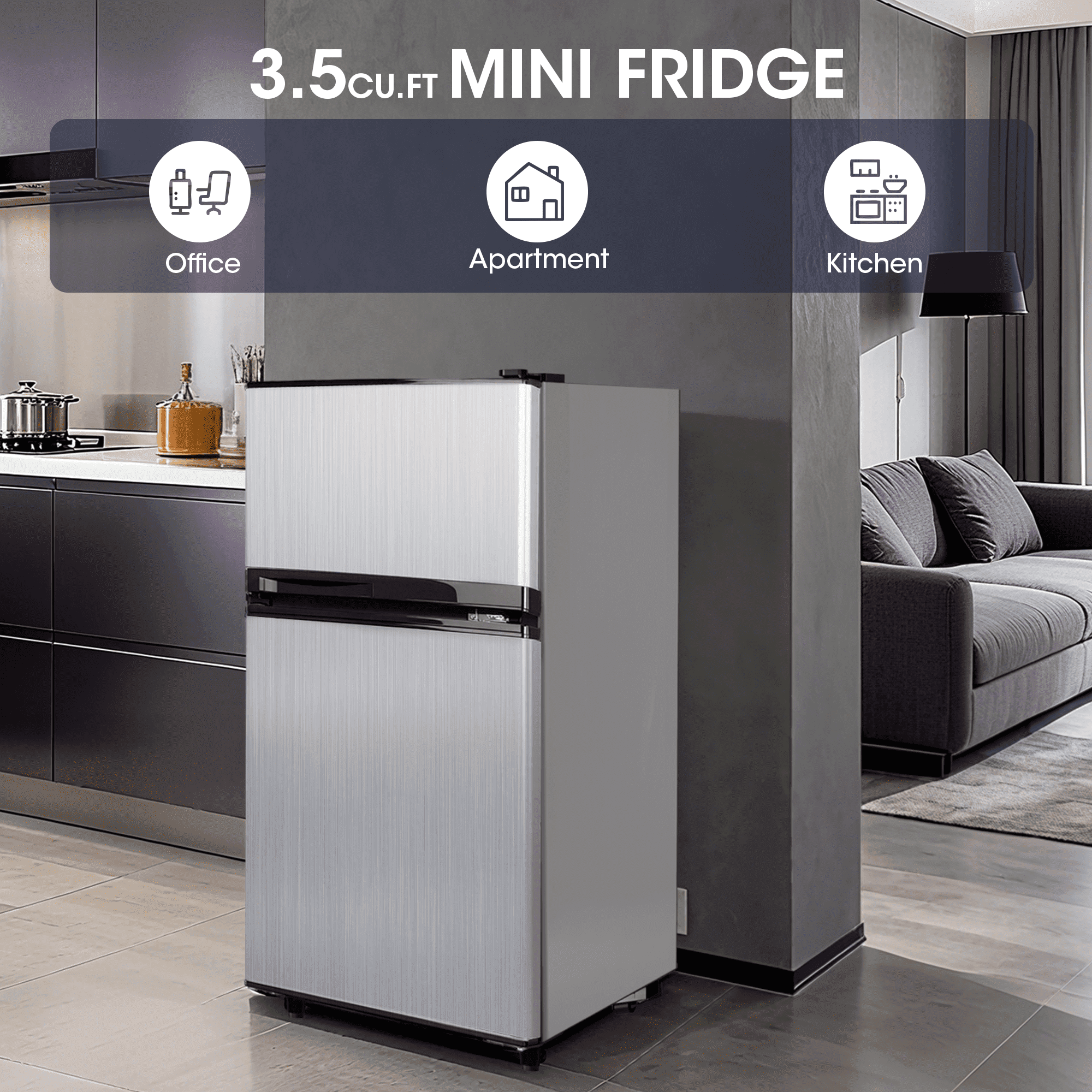 Patiosunny 3.5 Cu.ft Mini Fridge with Freezer, Adjustable Thermostat, Low Noise, Removable Glass Shelves, 2 Door Small Refrigerator for Kitchen, Office, Bedroom,Silver