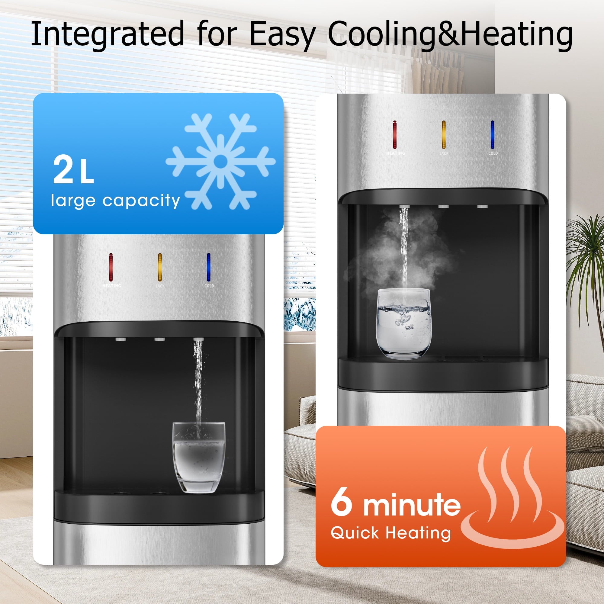 Patiosunny Bottom-Loading Water Dispenser, 3 Temperatures (Hot, Room and Cold), Child Safety Lock, LED Display with Empty Bottle Alert, Silver