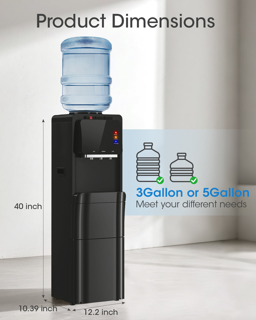 Patiosunny 4-in-1 Water Dispenser with Ice Maker, Compatible with 3–5 Gallon Bottles, Hot & Cold & Room Temperature with Fast Ice Making, Child Lock, for Home and Office, Black