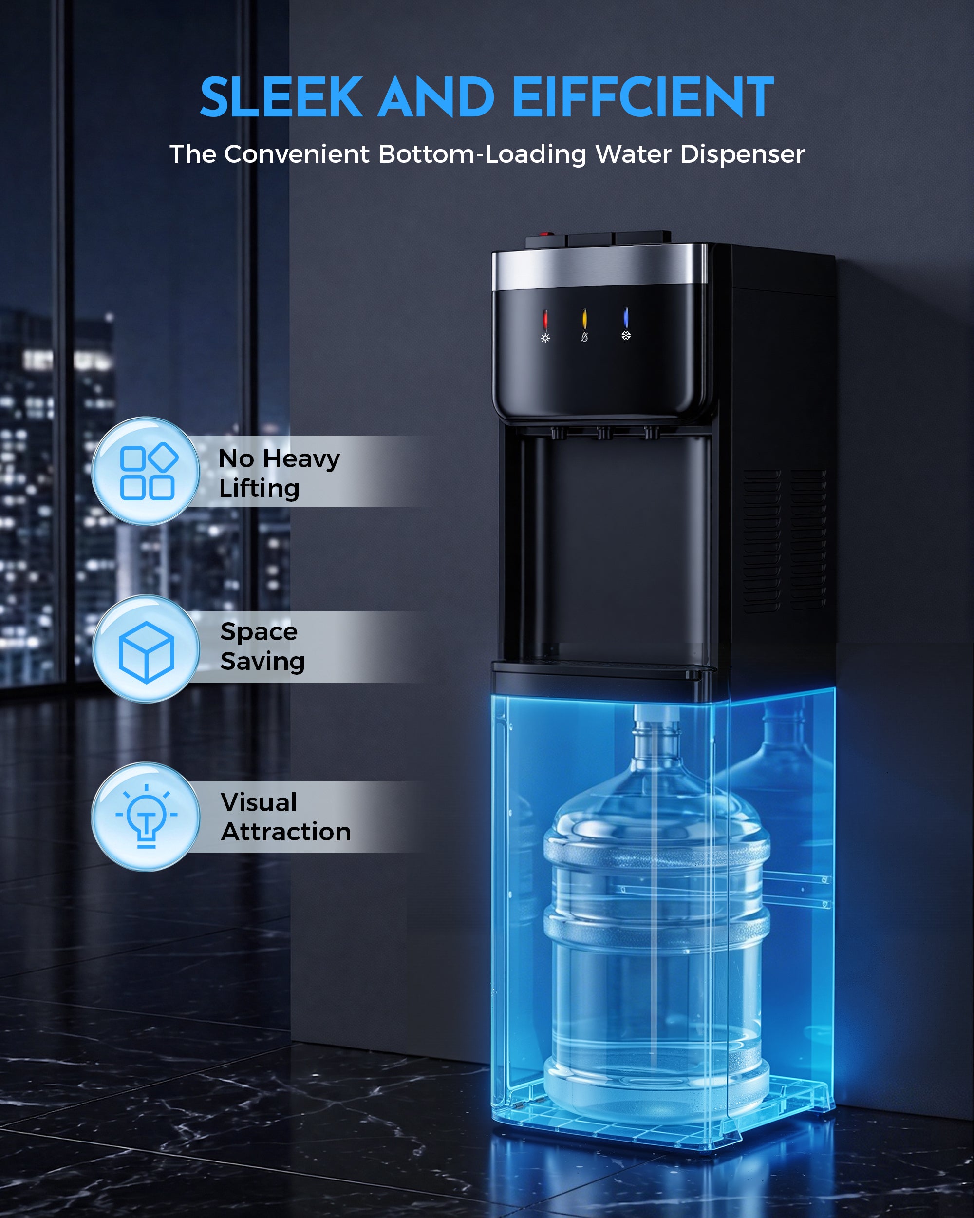 Patiosunny Bottom Loading Water Cooler - No Heavy Lifting, Fits 3-5 Gallon Bottles – Hot, Cold & Room Temperature Water Dispenser with Child Lock, for Home & Office, Black