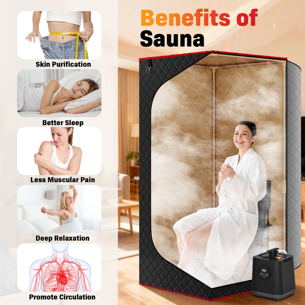 Patiosunny Portable Steam Sauna for Home with 3L 1200W Steamer, Remote Control, Folding Chair, 9 Temperature Levels, Light Black