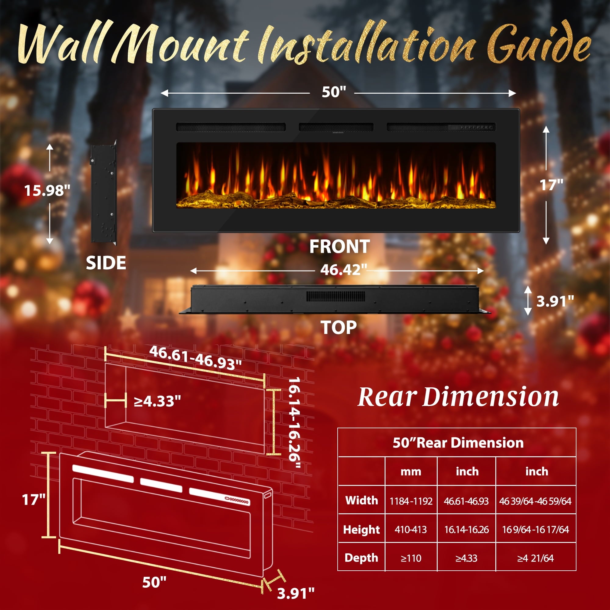 50" Electric Fireplace Recessed and Wall Mounted Ultra-Thin Fireplace Heater,Silence Fireplace with Logs,Crystal,Multicolor Flame,Timer,Touch Screen and Remote Control
