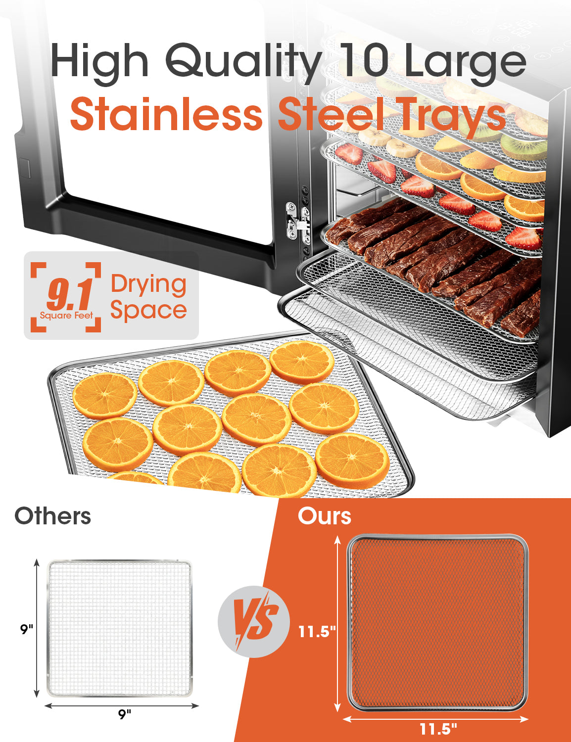Patiosunny Food Dehydrator Machine, 10 Stainless Steel Trays, 850W Power, 95-167°F Temperature Control, LED Light, Ideal for Jerky, Herbs, Meat, Fruit, Vegetables, Black