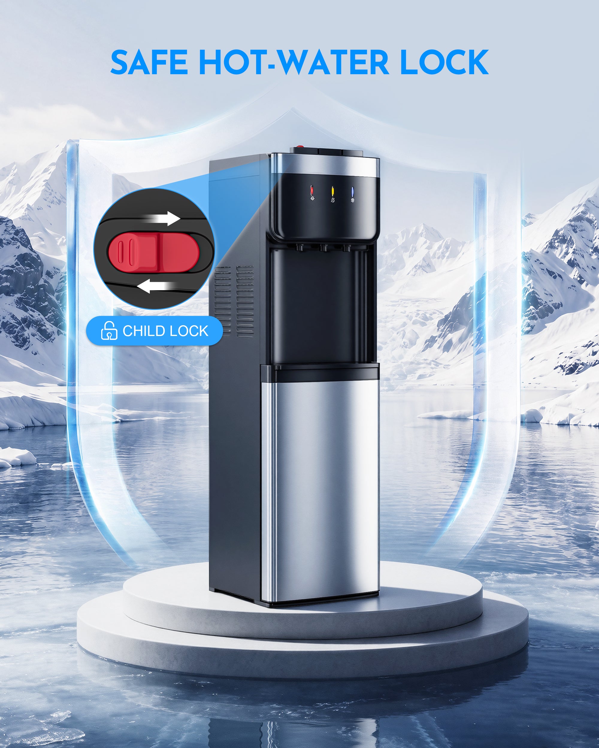 Patiosunny Bottom Loading Water Cooler - No Heavy Lifting, Fits 3-5 Gallon Bottles – Hot, Cold & Room Temperature Water Dispenser with Child Lock, for Home & Office, Black