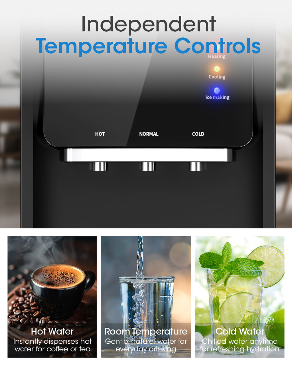 Patiosunny 4-in-1 Water Dispenser with Ice Maker, Compatible with 3–5 Gallon Bottles, Hot & Cold & Room Temperature with Fast Ice Making, Child Lock, for Home and Office, Black