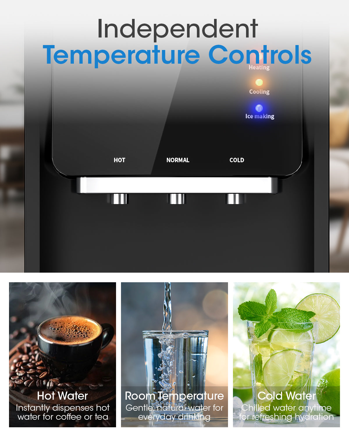 Patiosunny 4-in-1 Water Dispenser with Ice Maker, Compatible with 3–5 Gallon Bottles, Hot & Cold & Room Temperature with Fast Ice Making, Child Lock, for Home and Office, Black