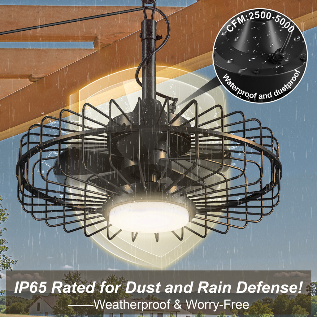 Patiosunny 20" Outdoor Ceiling Fan with Lights,IP65 Waterproof Gazebo Hanging Fan with Remote Control, Plug in Caged Ceiling Fan with 3CCT 6-Speeds for Patio Porch Pergola, Black