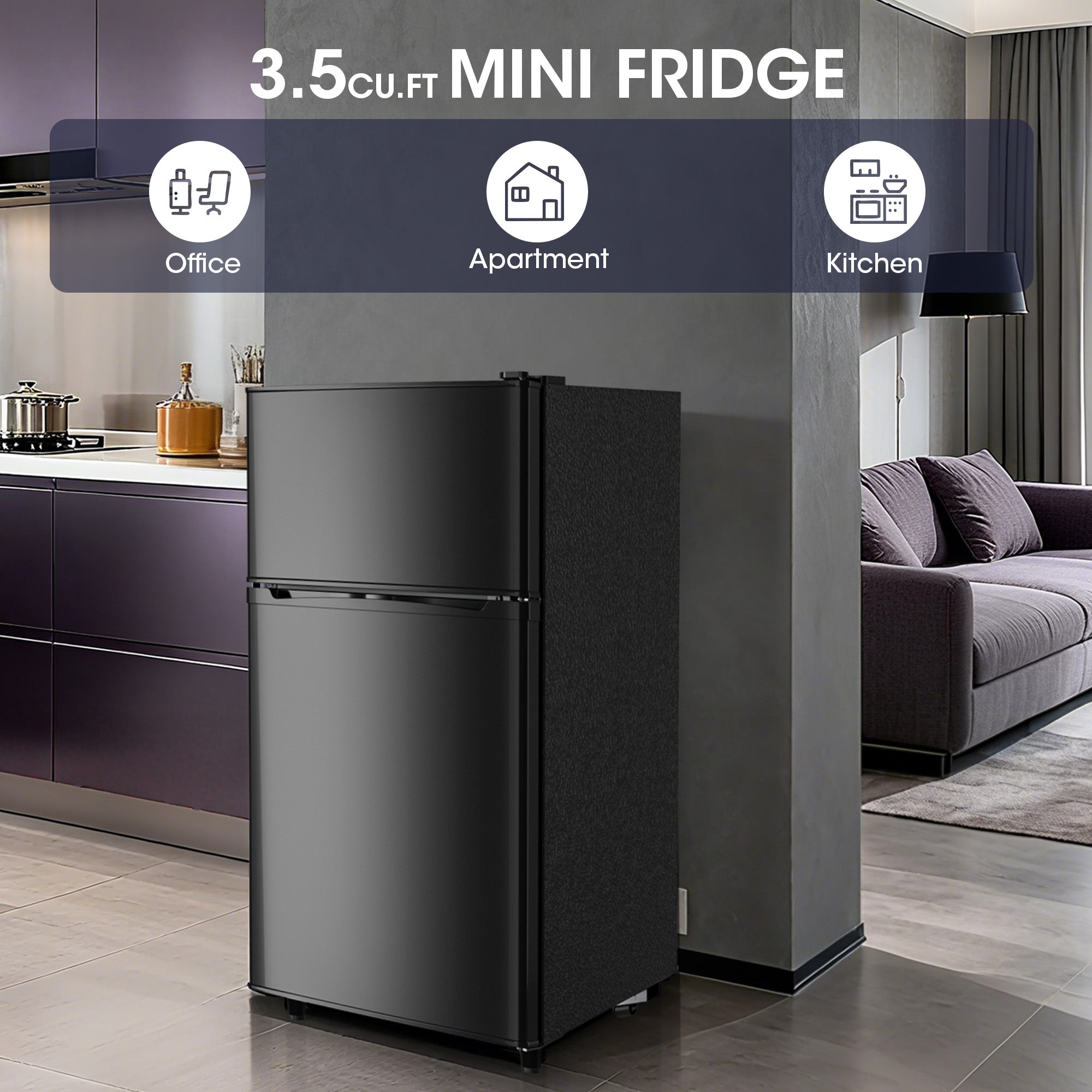 Patiosunny 3.5 Cu.ft Mini Fridge with Freezer, Adjustable Thermostat, Low Noise, Removable Glass Shelves, 2 Door Small Refrigerator for Kitchen, Office, Bedroom,Black