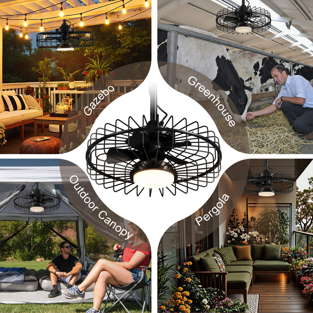 Patiosunny 20" Outdoor Ceiling Fan with Lights,IP65 Waterproof Gazebo Hanging Fan with Remote Control, Plug in Caged Ceiling Fan with 3CCT 6-Speeds for Patio Porch Pergola, Black