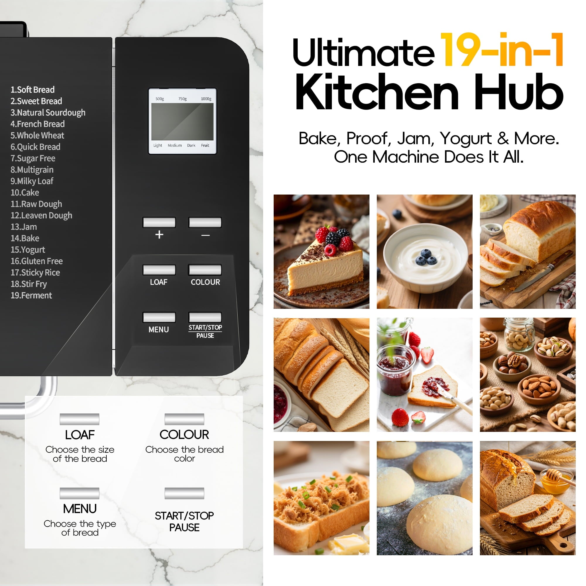 Patiosunny 19-in-1 Bread Maker Machine with Reservation Function, 2LB Stainless Steel Automatic Bread Maker with Recipes & 1 H Keep Warm-Silver