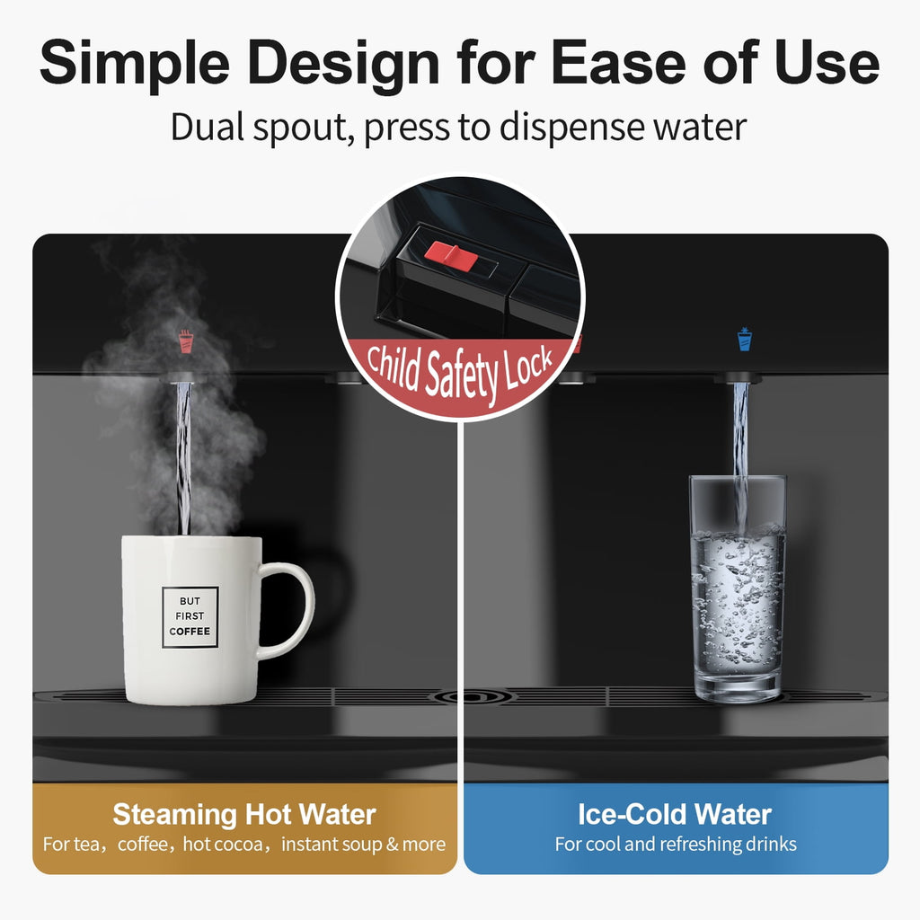 Patiosunny Top Loading Double Temperature Water Dispenser, Safety Lock, Detachable Water Tray, Stylish Black