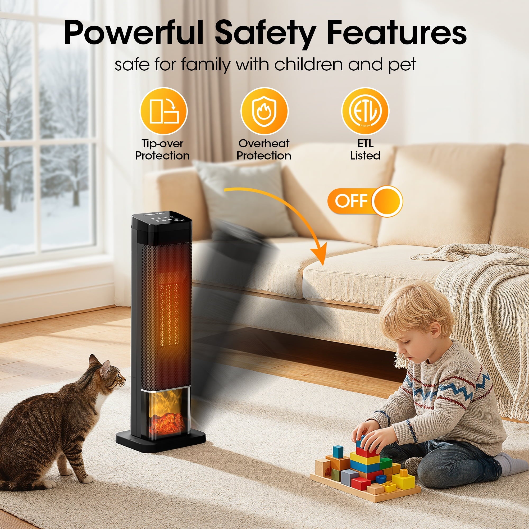 Patiosunny 1500W Ceramic Tower Electric Heater, with 4 Modes, 3D Flame, LED Display, 0-24 Hour Timer , with Child Lock, Suitable for Living Room, Office, Bathroom (Black)