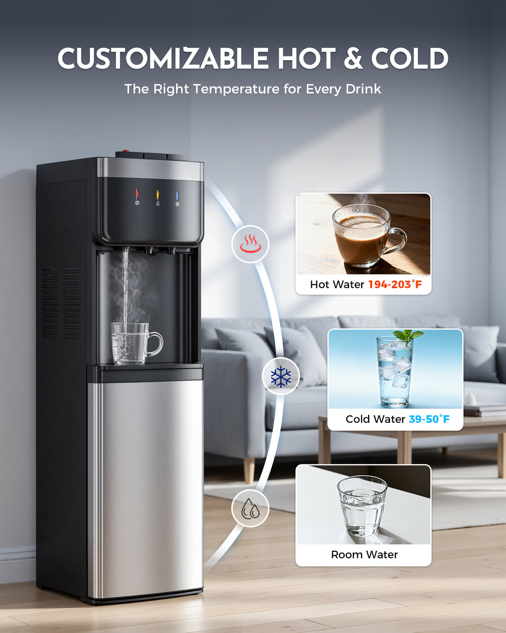 Patiosunny Bottom Loading Water Cooler - No Heavy Lifting, Fits 3-5 Gallon Bottles – Hot, Cold & Room Temperature Water Dispenser with Child Lock, for Home & Office, Black