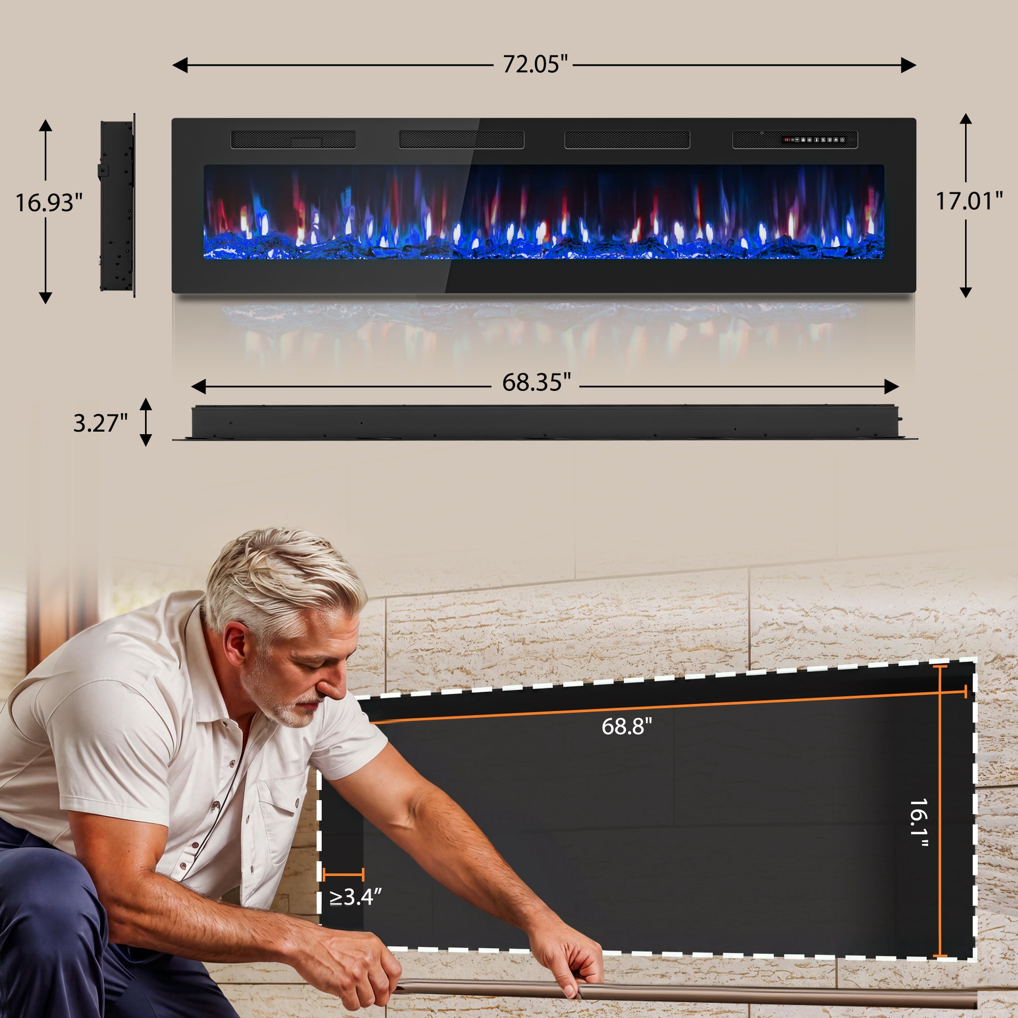 Patiosunny 72" Electric Fireplace, Adjustable Flame Colour and Speed, 8H Timer, Multiple Modes, Child Lock, Suitable for Living Rooms and Bedrooms