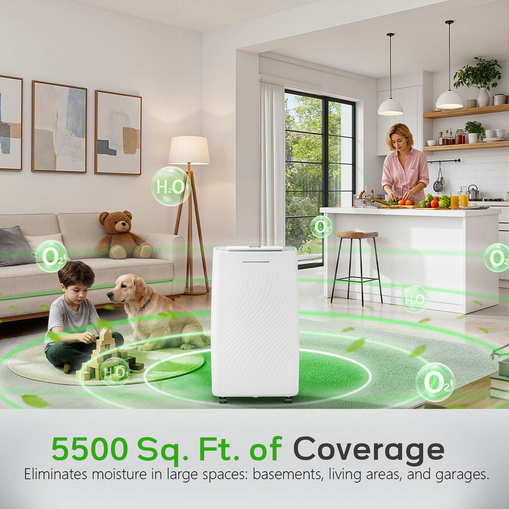 Patiosunny 19-Pint (DOE), Max 80 Pints/D Multi-Function Dehumidifier, 5500 Sq.Ft Coverage Area with 4 Modes, 24H-Timer/Drain Hose/Auto Defrost, Ideal for Large Room, Home, Garage