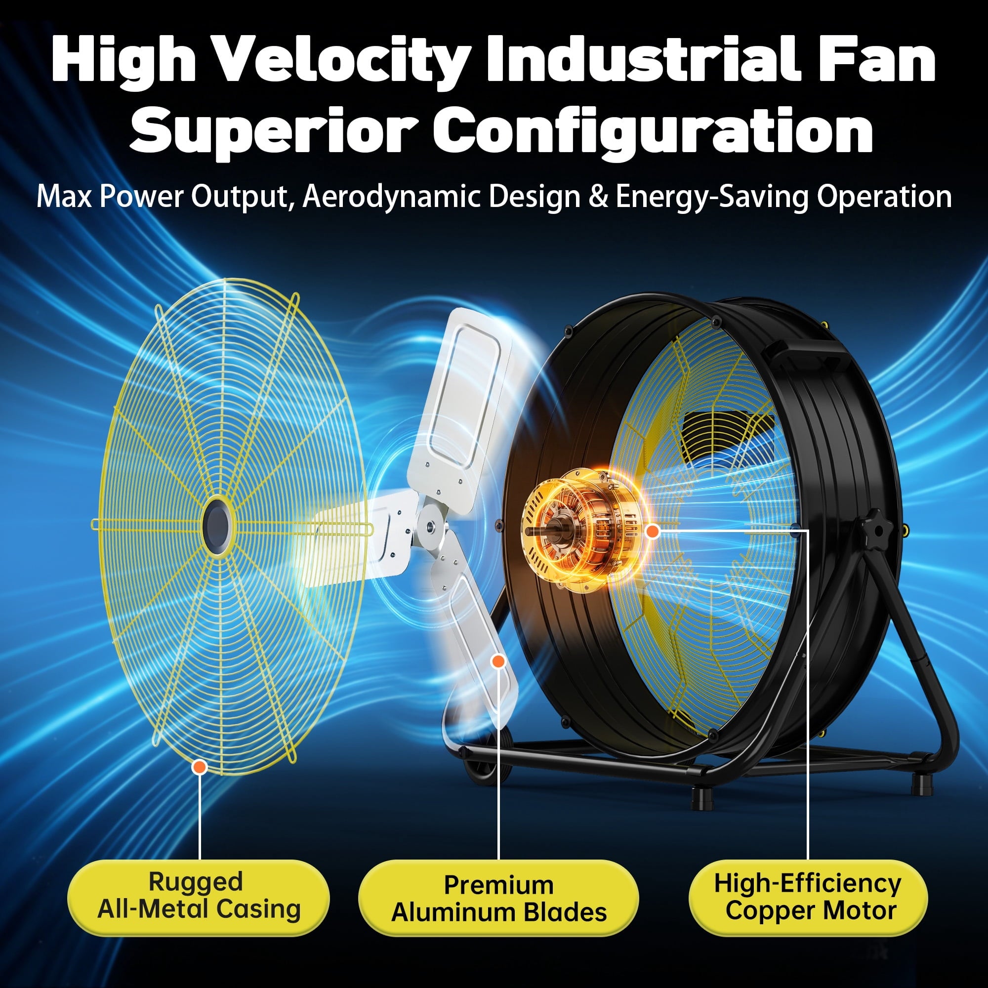 Patiosunny 24 '' Industrial Drum Fan, 8800 CFM Heavy Duty Metal Floor Fan, 3-Speed for Warehouse, Workshop, Factory, Commercial, ETL-Black