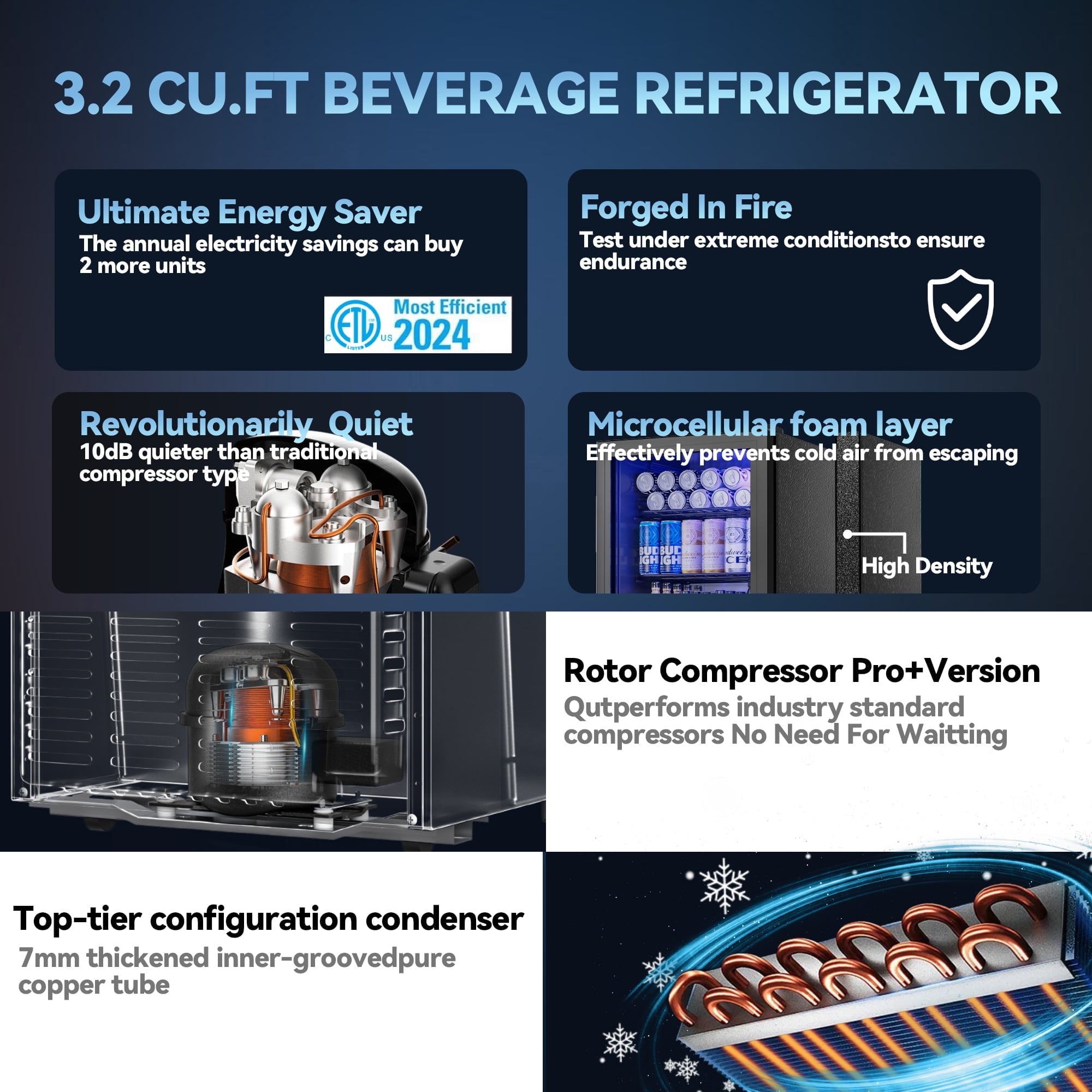 Patiosunny 130 Can Beverage Refrigerator Cooler 3.2 Cu.ft Mini Fridge with Glass Door & Adjustable Shelves, for Home/Office/Bar
