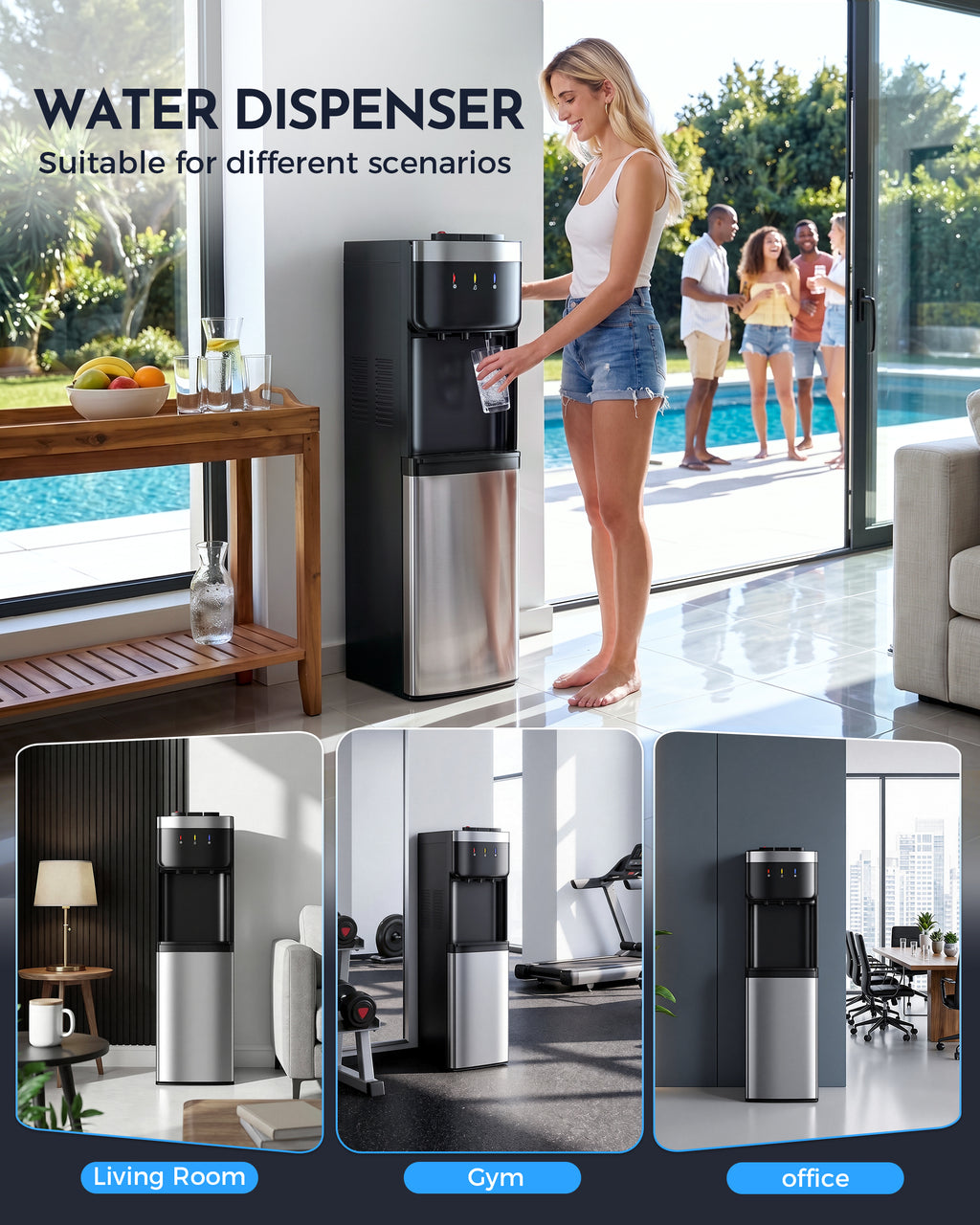 Patiosunny Bottom Loading Water Cooler - No Heavy Lifting, Fits 3-5 Gallon Bottles – Hot, Cold & Room Temperature Water Dispenser with Child Lock, for Home & Office, Black