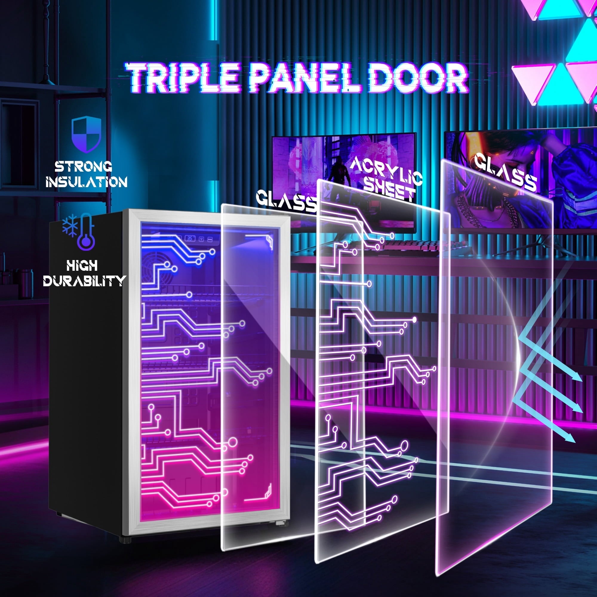 Patiosunny 126 Cans Light Up Beverage Refrigertor, Led Lighting Door Freestanding Beverage Fridge, Cyberpunk Beverage Cooler for Gaming, Room, Bar, Party