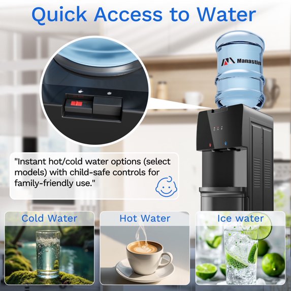 Patiosunny Fashion Black Top Loading Water Dispenser, Child Lock and Detachable Water Tray, Cold & Hot Water at any time, for Kitchen/Living Room/Gym/Basement