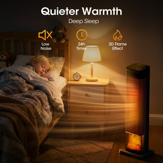 Patiosunny 1500W Ceramic Tower Electric Heater, with 4 Modes, 3D Flame, LED Display, 0-24 Hour Timer , with Child Lock, Suitable for Living Room, Office, Bathroom (Black)