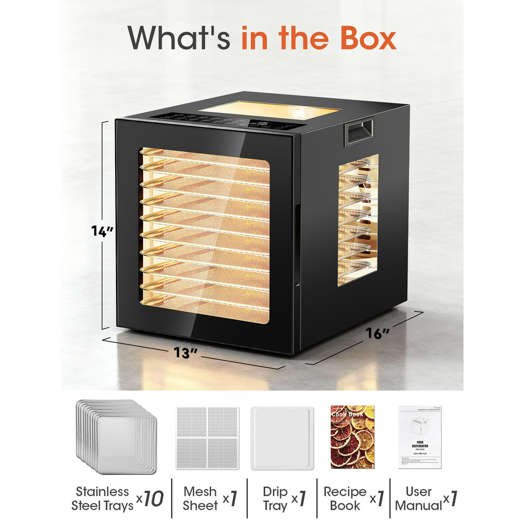 Patiosunny 850W Food Dehydrator Machine, 95-167°F Temperature Control, 10 Stainless Steel Trays Dryer Machine, 10 Presets, 48H-Timer, for Dog Treats, Meat, Fruit, Veggies, Snacks