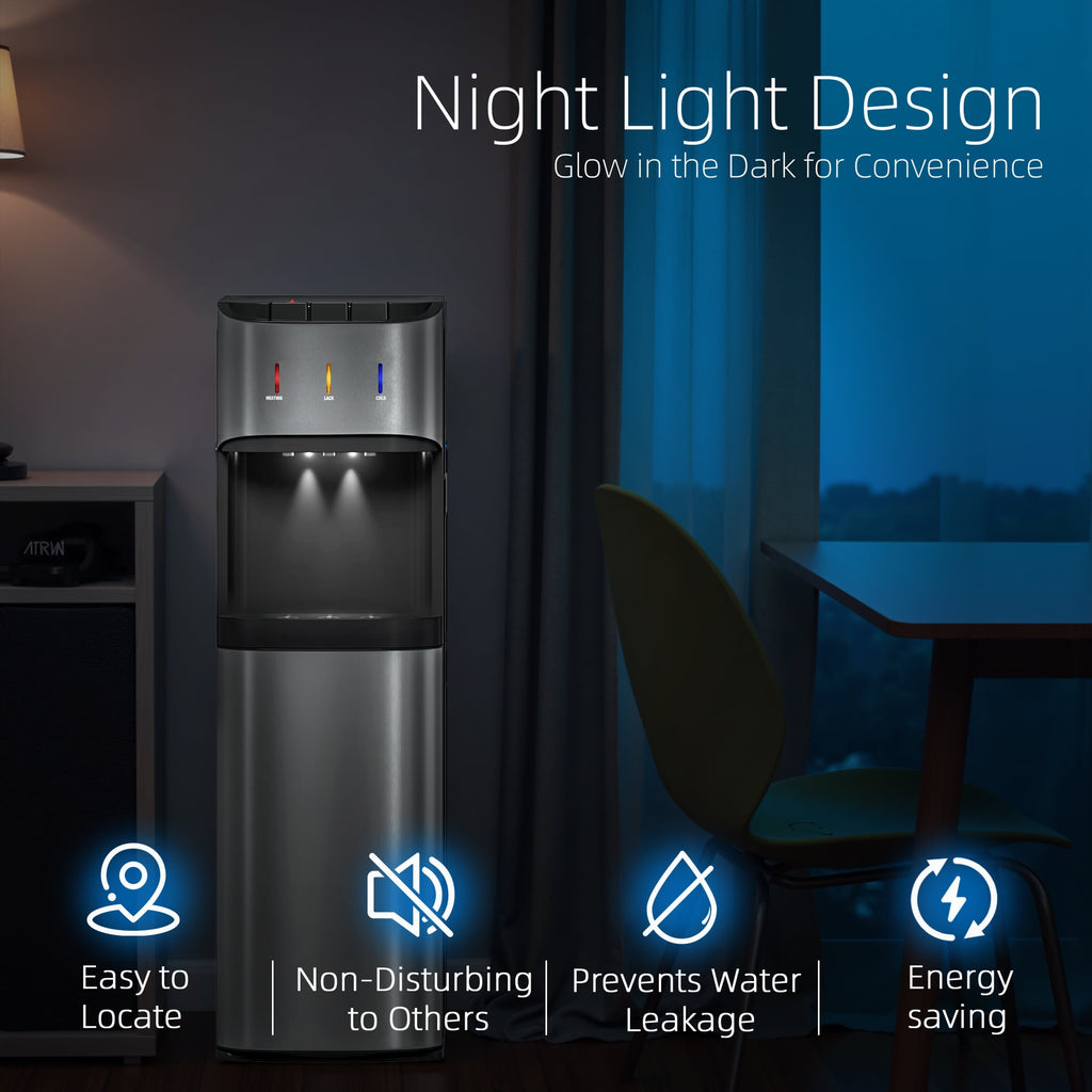 Patiosunny Bottom Load Water Cooler Dispenser for 5 Gallon Bottles, 3 Temperatures (Hot, Cold, and Room), Rapid cooling, LED Lighting, Empty Bottle Alert, Silver