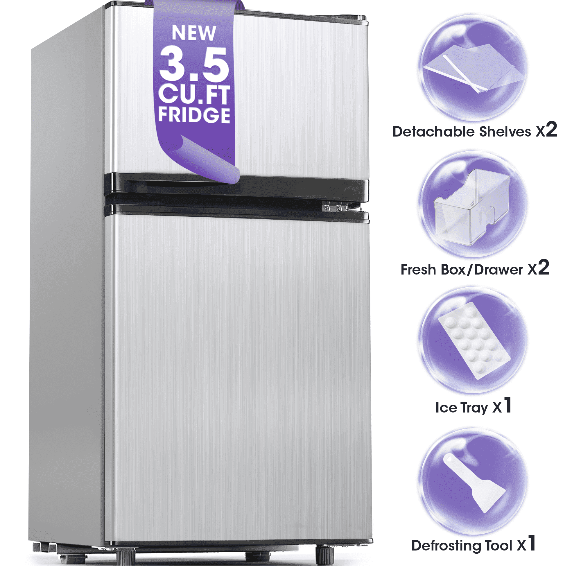 Patiosunny 3.5 Cu.ft Mini Fridge with Freezer, Adjustable Thermostat, Low Noise, Removable Glass Shelves, 2 Door Small Refrigerator for Kitchen, Office, Bedroom,Silver