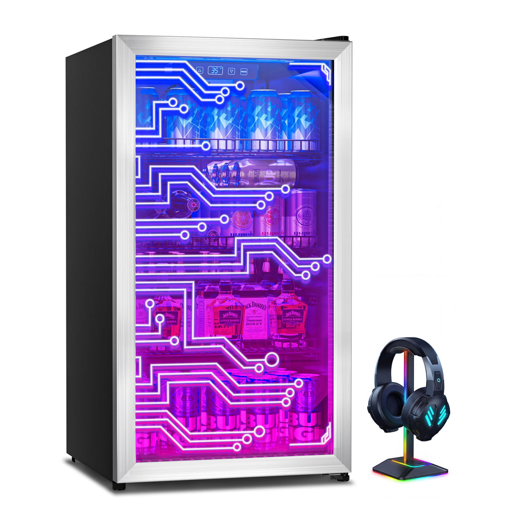 Patiosunny 126 Cans Light Up Beverage Refrigertor, Led Lighting Door Freestanding Beverage Fridge, Cyberpunk Beverage Cooler for Gaming, Room, Bar, Party