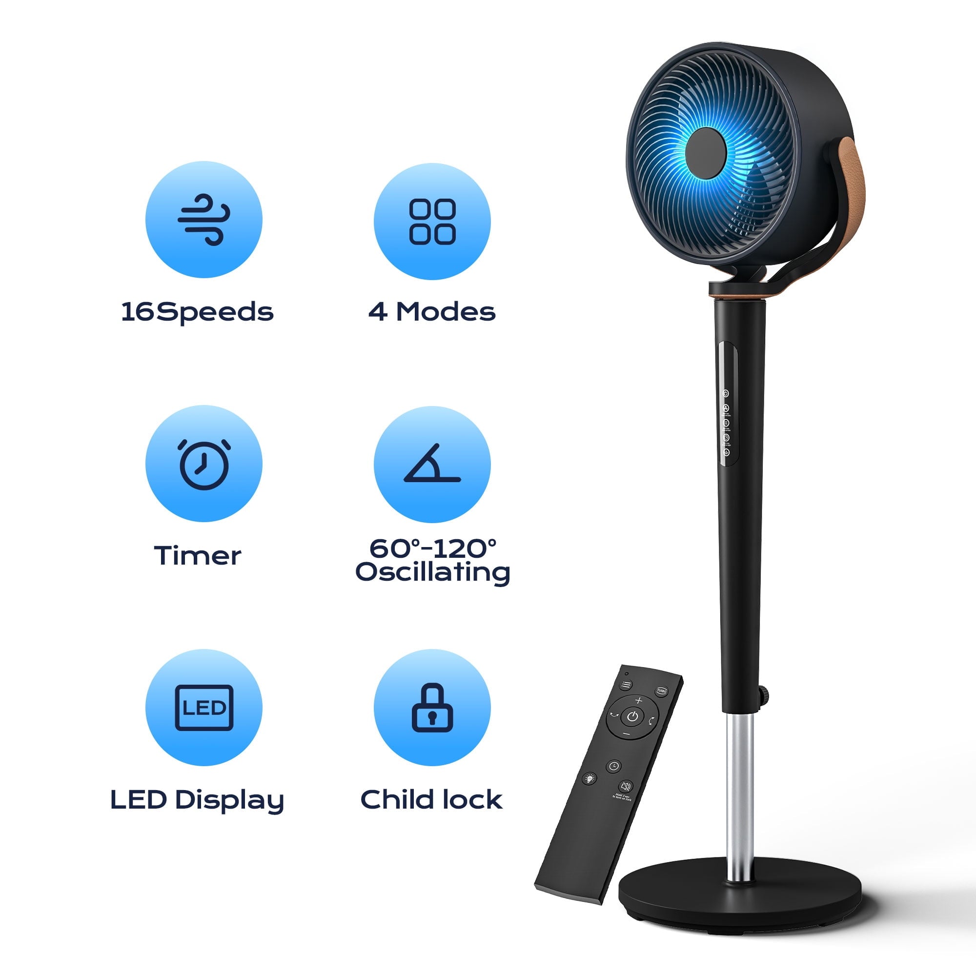 Patiosunny 16" Oscillating Pedestal Fan, 3-Speeds Stand up Fan with Adjustable Height and Tilt, Less Noise, for Home Office Room Bedroom, Black