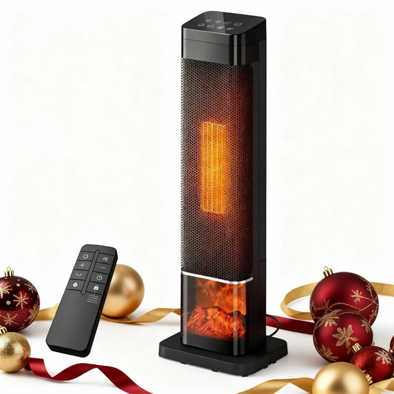 Patiosunny 1500W Ceramic Tower Electric Heater, with 4 Modes, 3D Flame, LED Display, 0-24 Hour Timer , with Child Lock, Suitable for Living Room, Office, Bathroom (Black)