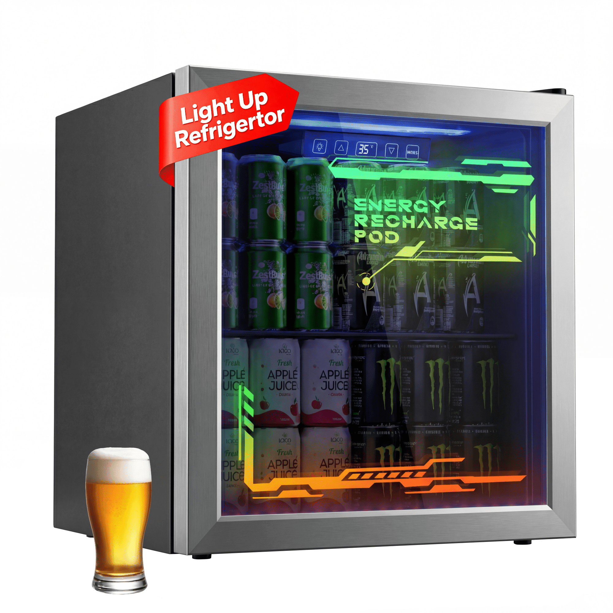 Patiosunny Beverage Cooler Mini Drink Refrigerator with Glass Door, with LED Light for Home, Office, Game Room, Silver