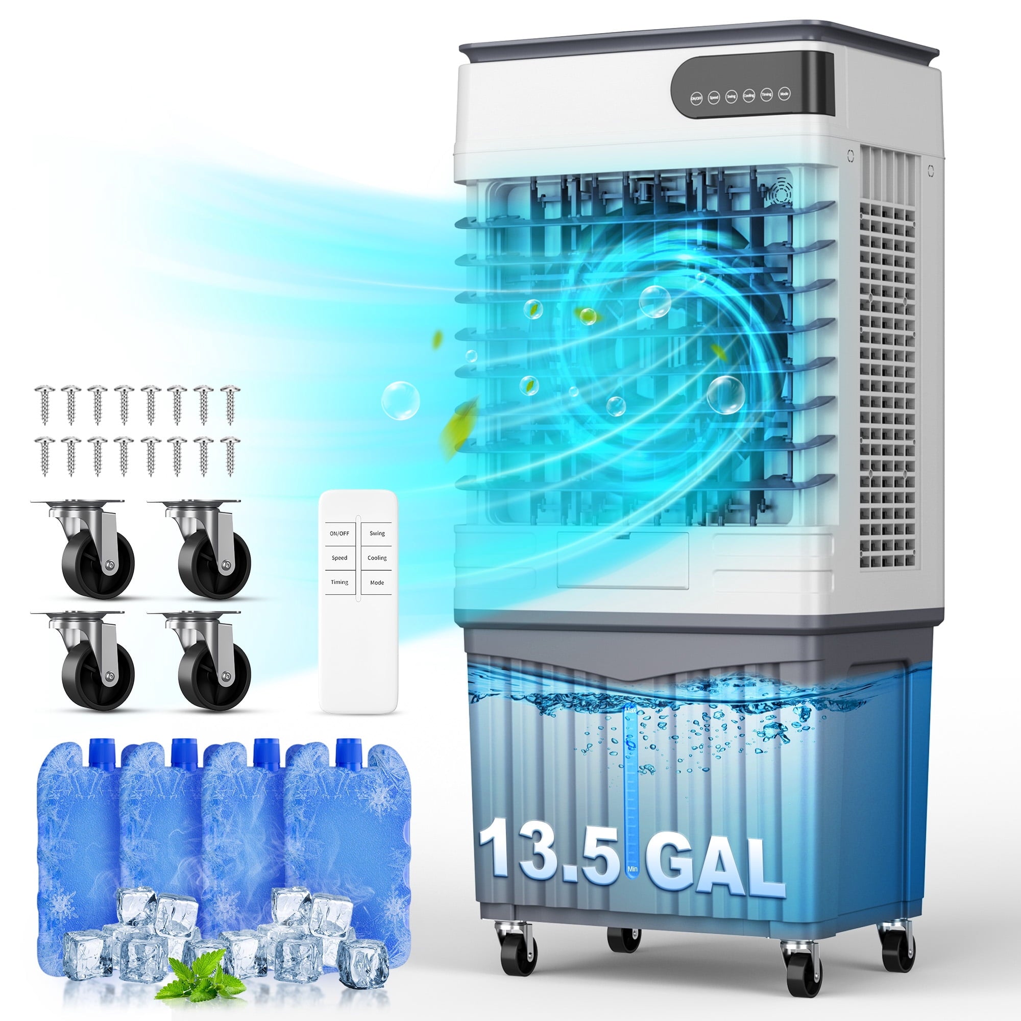 Patiosunny Industrial Evaporative Air Cooler, 13.5Gal Large Water Tank, High Velocity Airflow, Portable Swamp Cooler, 3 Speeds, Wide Angle Swing, for Garage Workshop Warehouse