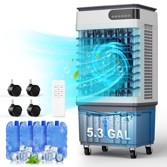 Patiosunny Industrial Evaporative Air Cooler, 6Gal Large Water Tank, High Velocity Airflow, Portable Swamp Cooler, 3 Speeds, Wide Angle Swing, for Garage Workshop Warehouse