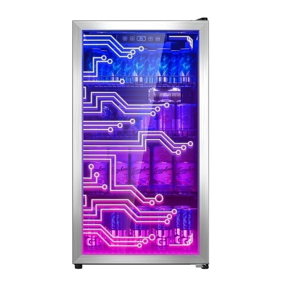 Patiosunny 126 Cans Light Up Beverage Refrigertor, Led Lighting Door Freestanding Beverage Fridge, Cyberpunk Beverage Cooler for Gaming, Room, Bar, Party
