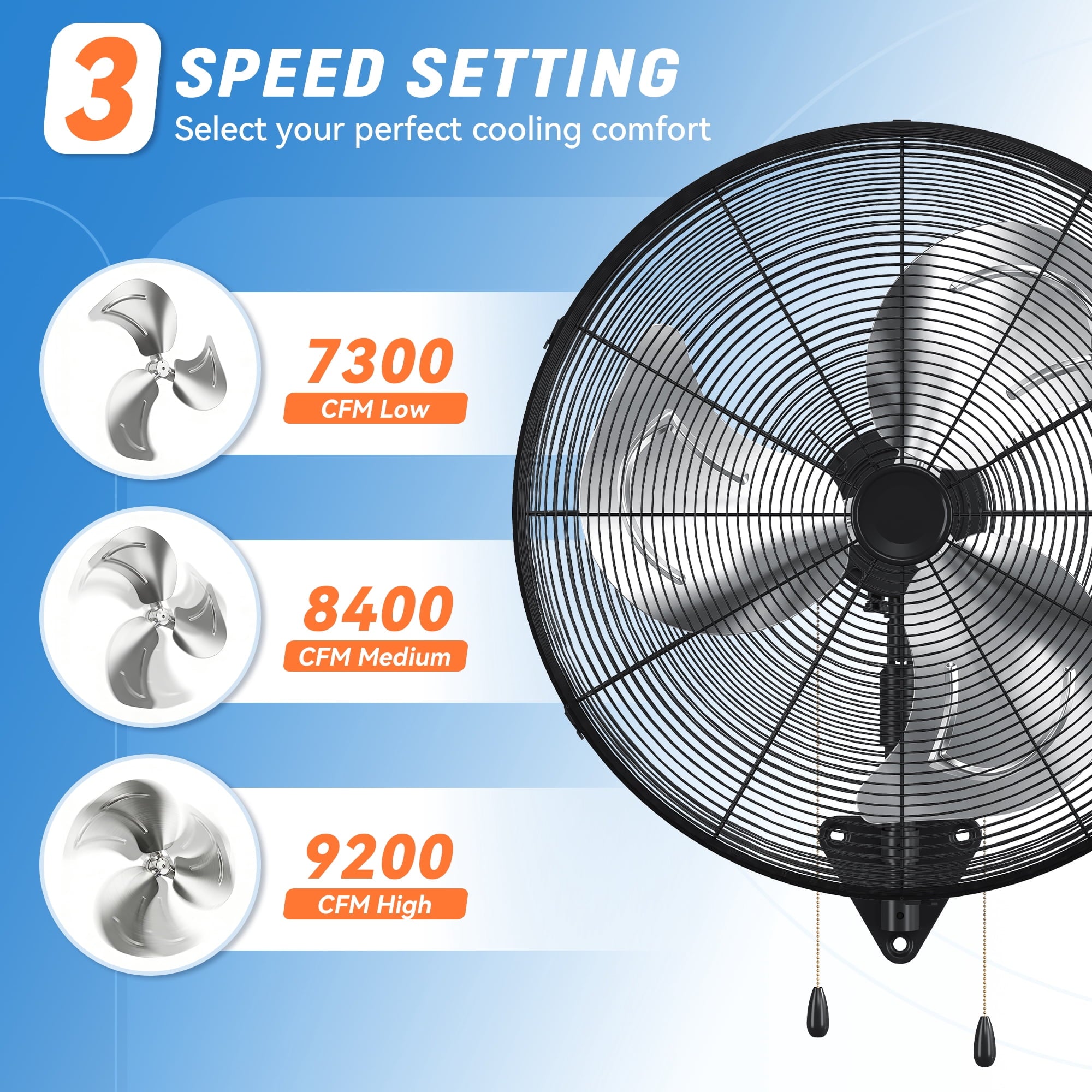 Patiosunny 24'' Industrial Wall Mounted Fan, 180W High Power, 3 Speed Adjustable Oscillating Fan, Commercial Wall Fan for Garage, Workshop, Warehouse,Black