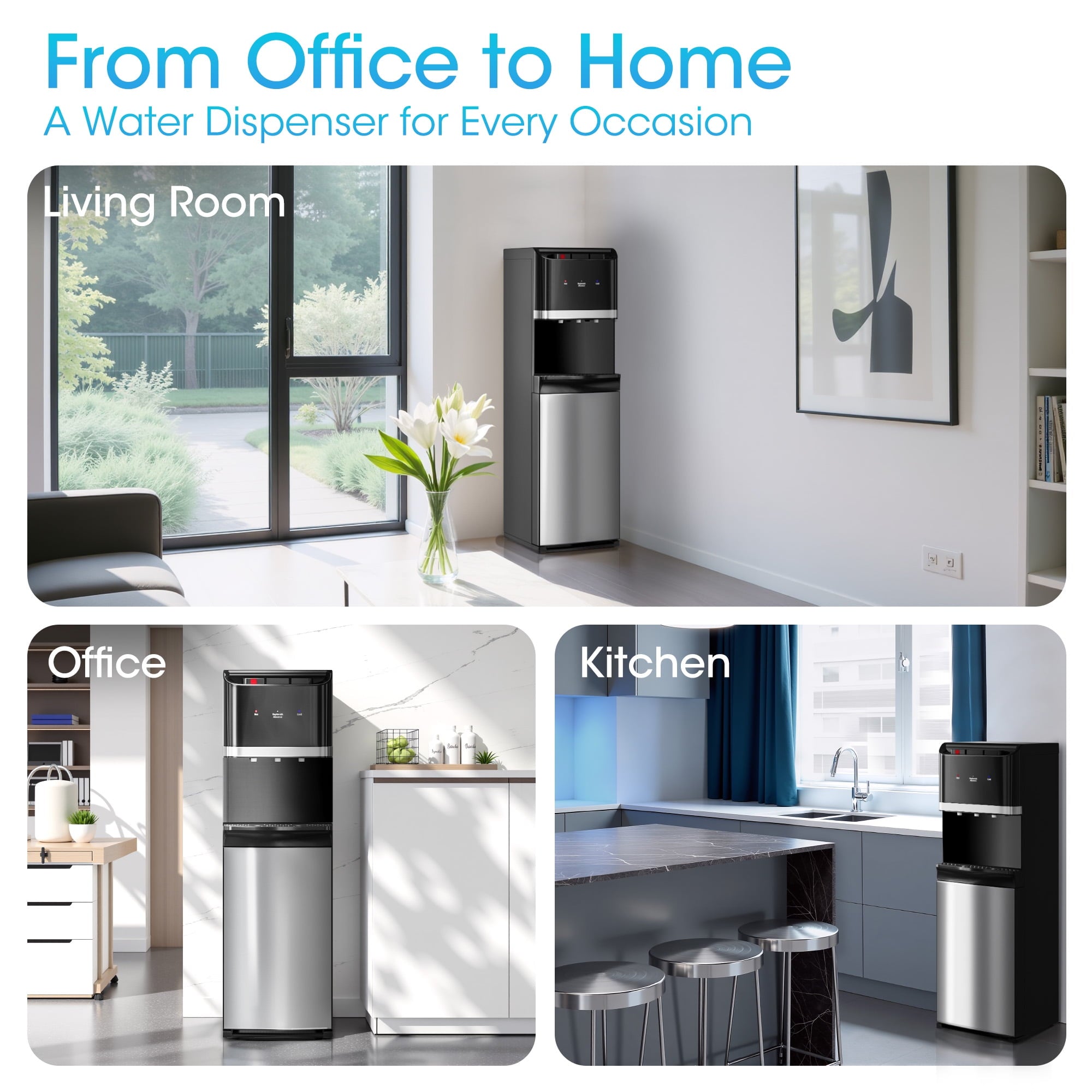 Patiosunny Bottom Loading 304 Stainless Steel Water Cooler Dispenser for 3-5 Gallon Bottles, Water Cooler with 3 Temperature Settings - Hot, Cold & Room Water, Ideal Design for Home & Office