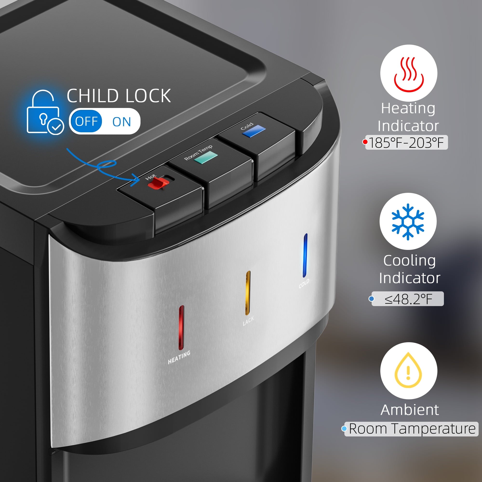 Patiosunny Bottom Load Water Cooler Dispenser for 5 Gallon Bottles, 3 Temperatures (Hot, Cold, and Room), Rapid cooling, LED Lighting, Empty Bottle Alert, Silver