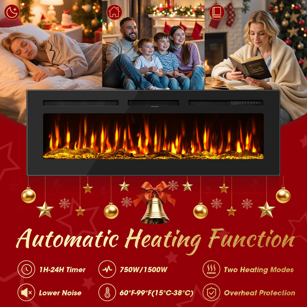 60" Electric Fireplace Recessed and Wall Mounted Ultra-Thin Fireplace Heater,Silence Fireplace with Logs,Crystal,Multicolor Flame,Timer,Touch Screen and Remote Control