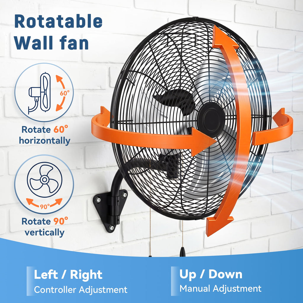 Patiosunny 24'' Industrial Wall Mounted Fan, 180W High Power, 3 Speed Adjustable Oscillating Fan, Commercial Wall Fan for Garage, Workshop, Warehouse,Black