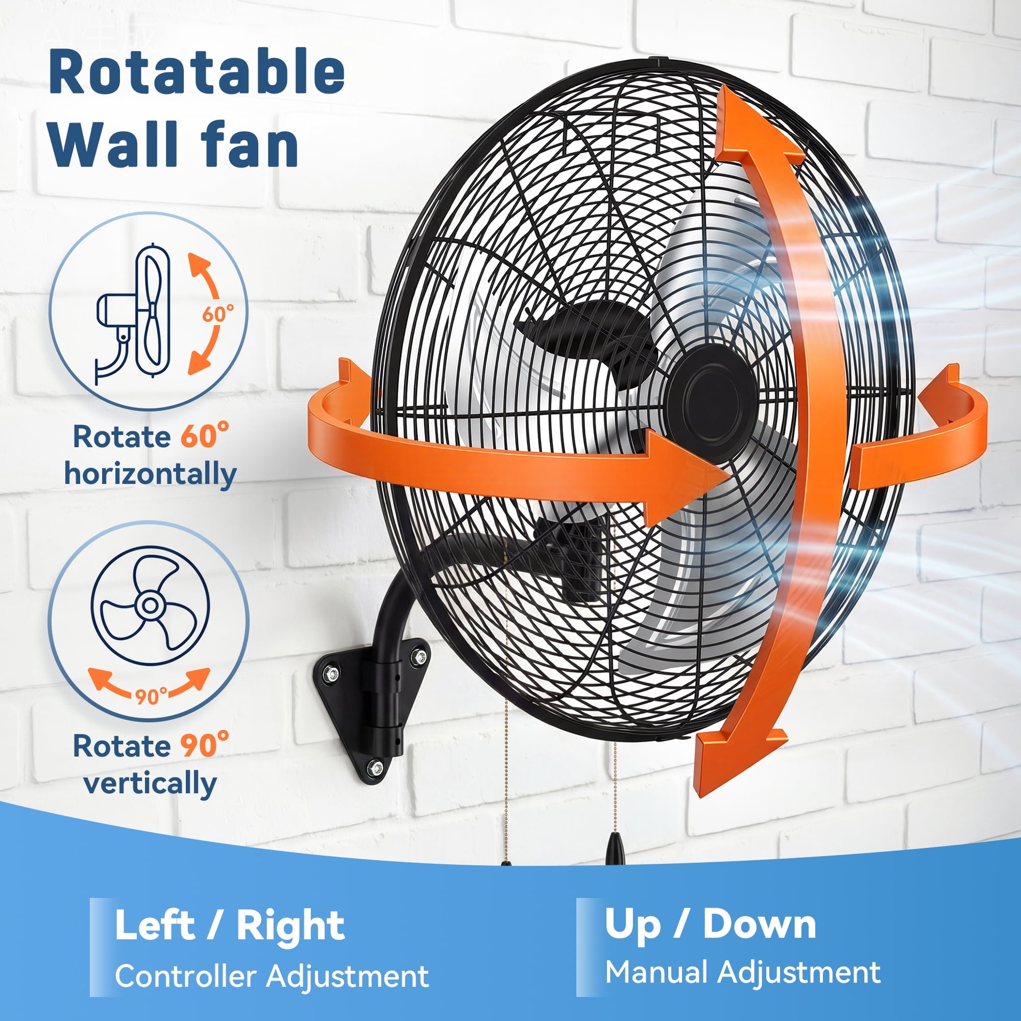 Patiosunny 24'' Industrial Wall Mounted Fan, 180W High Power, 3 Speed Adjustable Oscillating Fan, Commercial Wall Fan for Garage, Workshop, Warehouse,Black