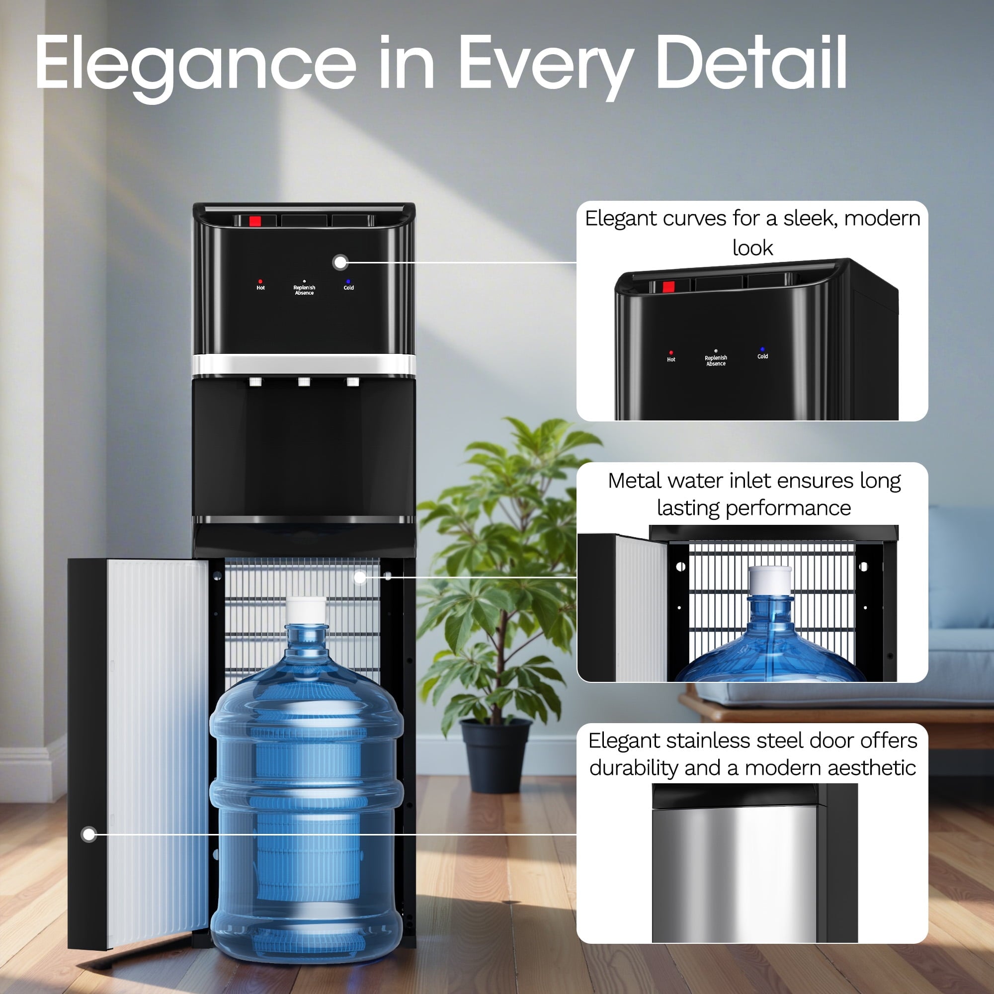 Patiosunny Bottom Loading 304 Stainless Steel Water Cooler Dispenser for 3-5 Gallon Bottles, Water Cooler with 3 Temperature Settings - Hot, Cold & Room Water, Ideal Design for Home & Office