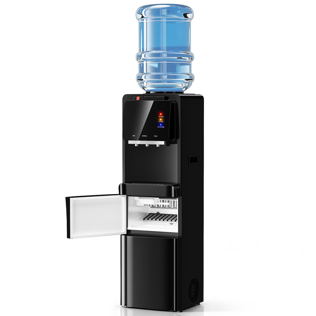 Patiosunny 4-in-1 Water Dispenser with Ice Maker, Hot/Cold/Room Temperature Top-Loading Dispenser, Compatible with 3–5 Gallon Water Bottles, Child Lock, Suitable for Home and Office, Black