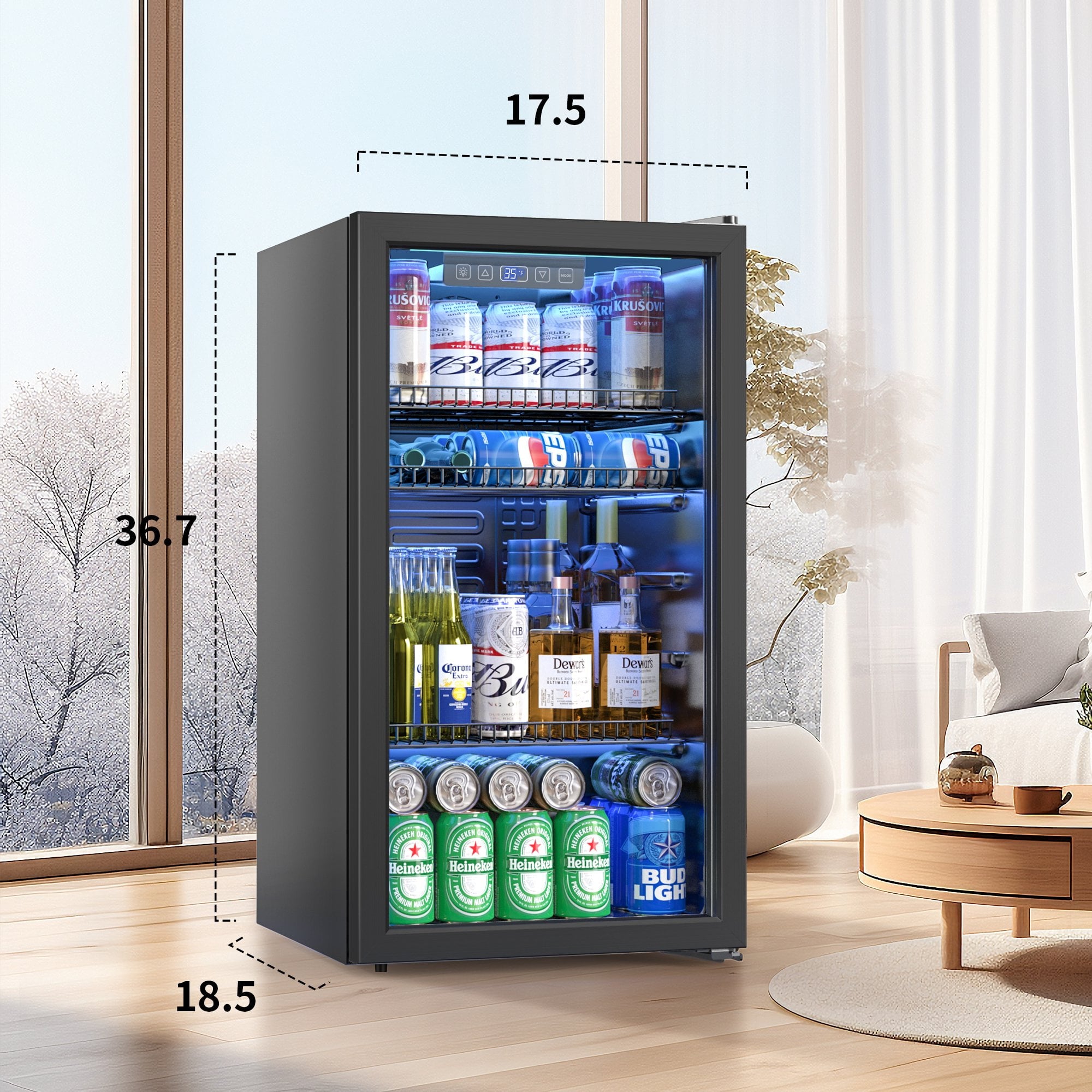 Patiosunny 130 Can Beverage Refrigerator Cooler 3.2 Cu.ft Mini Fridge with Glass Door & Adjustable Shelves, for Home/Office/Bar