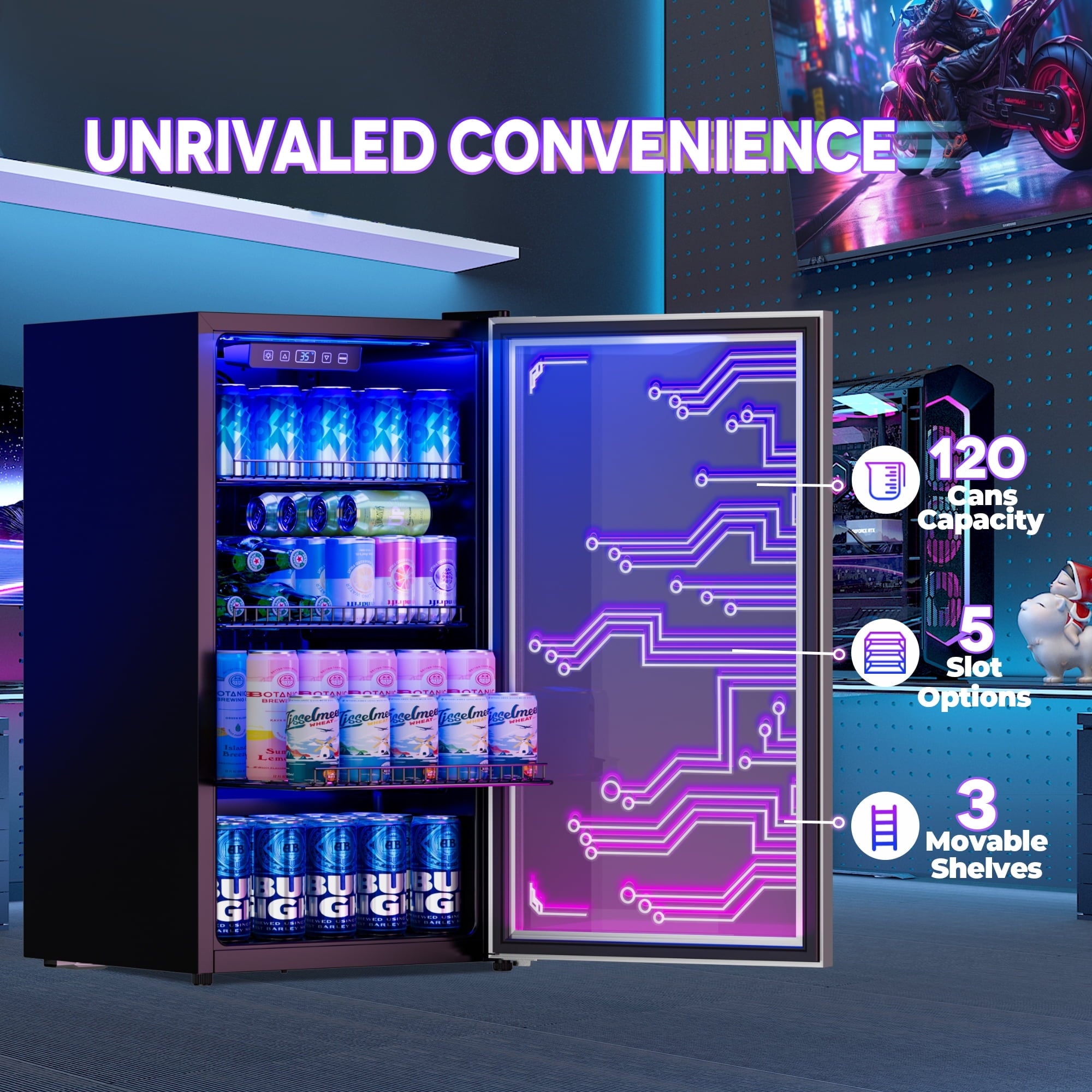 Patiosunny 126 Cans Light Up Beverage Refrigertor, Led Lighting Door Freestanding Beverage Fridge, Cyberpunk Beverage Cooler for Gaming, Room, Bar, Party