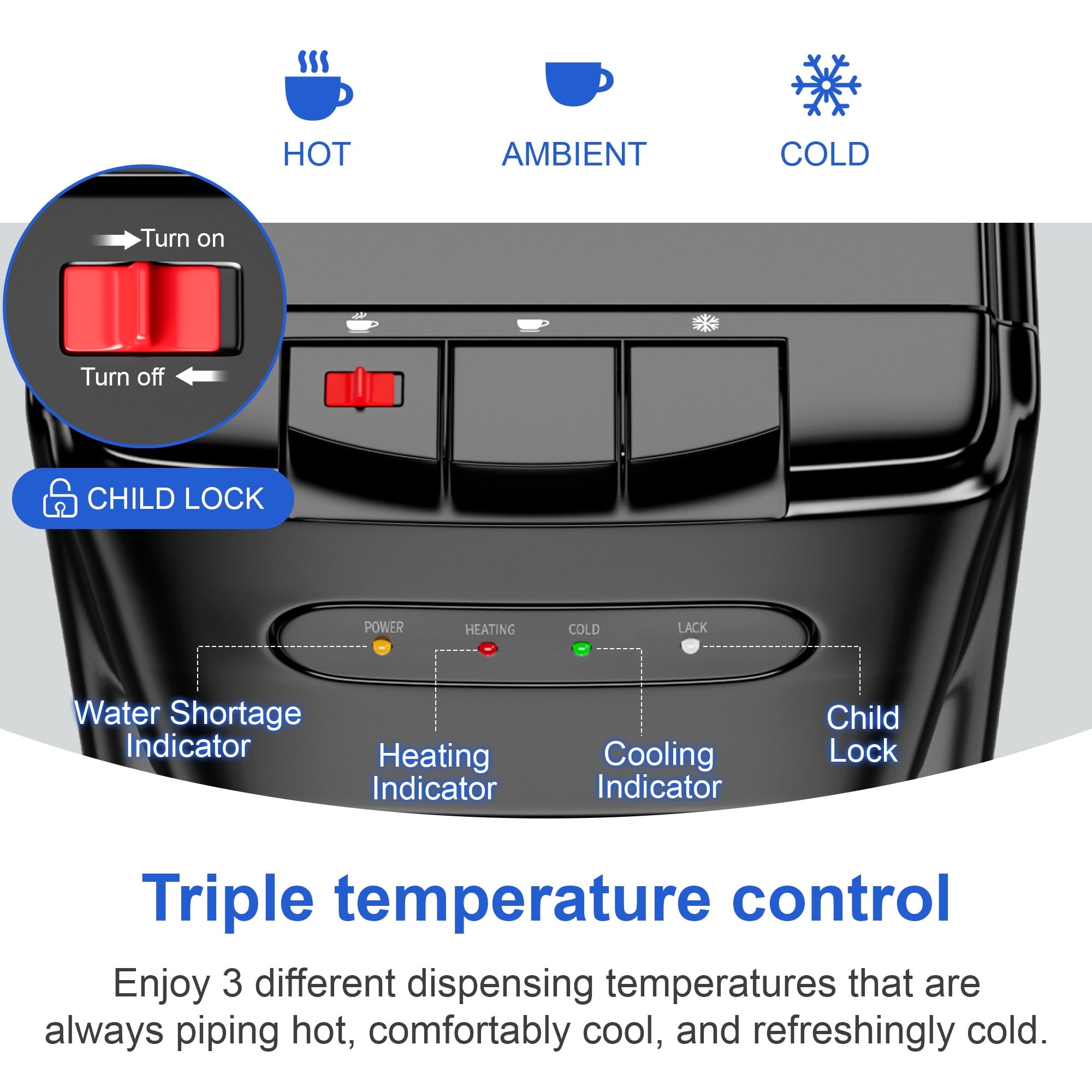 Patiosunny Bottom-Loading Water Dispenser, 3 Temperatures (Hot, Room and Cold), Child Safety Lock, LED Display with Empty Bottle Alert, Black